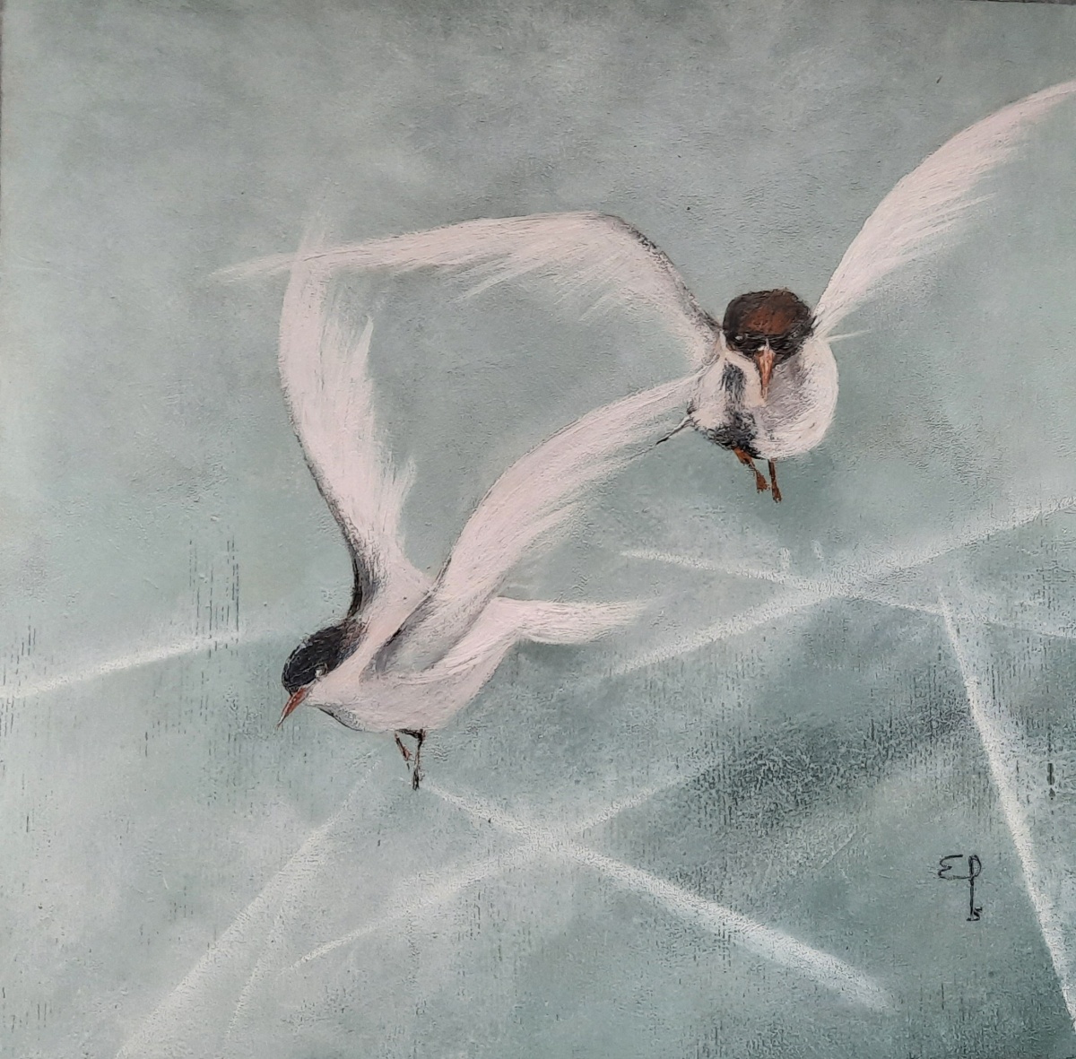Ref D016 - 40x40cm - Le bal des oiseaux , peinture cire d'abeilles 360 euro Le bal des oiseaux , peinture cire d'abeilles